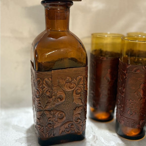 Vintage Amber Glass Decanter Set with Leather Wrap - Picture 6 of 14